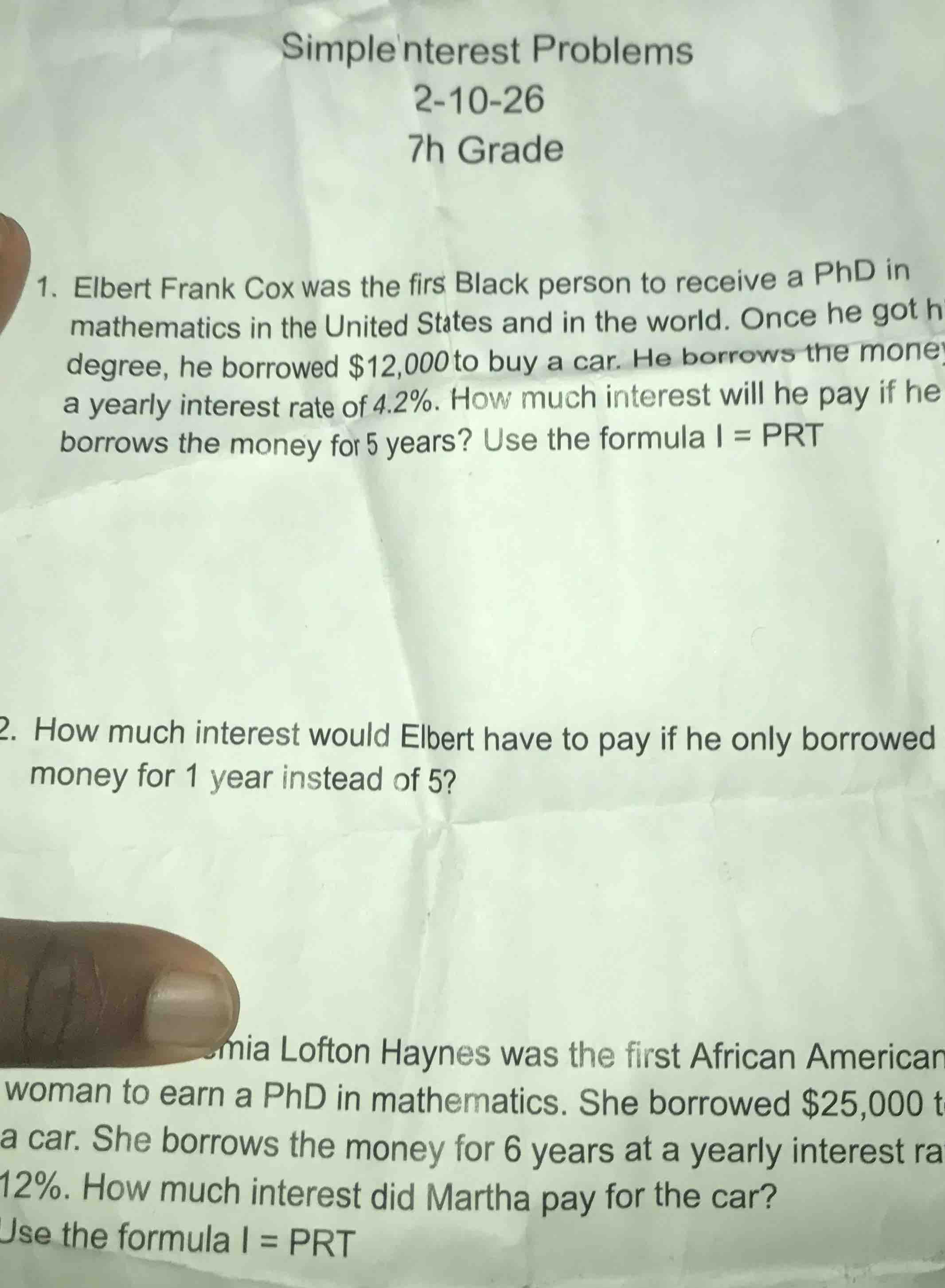 simple interest problems 2-10-26 7th grade 1. elbert frank cox was the …