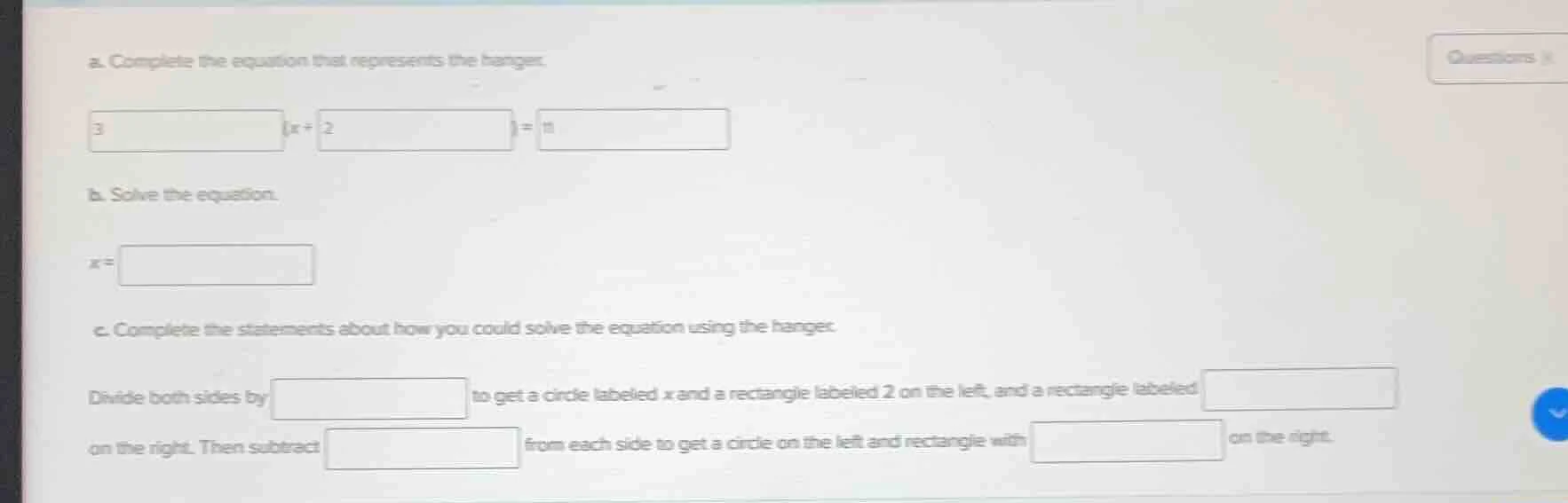 a. complete the equation that represents the hanger. 3$square$(x + 2$sq…