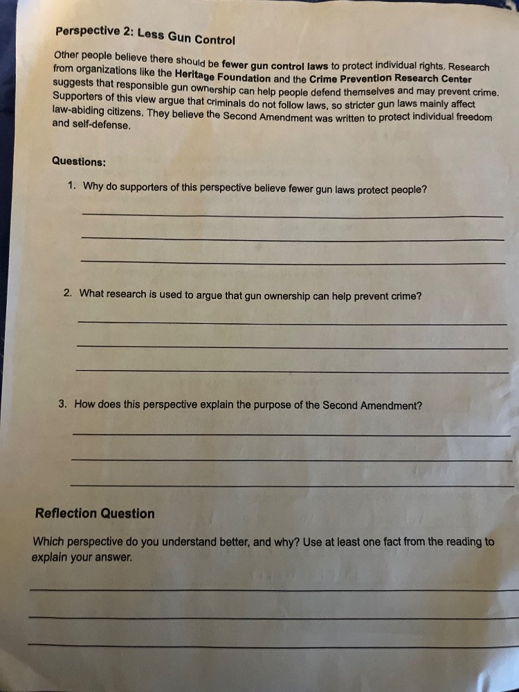 perspective 2: less gun control other people believe there should be fe…