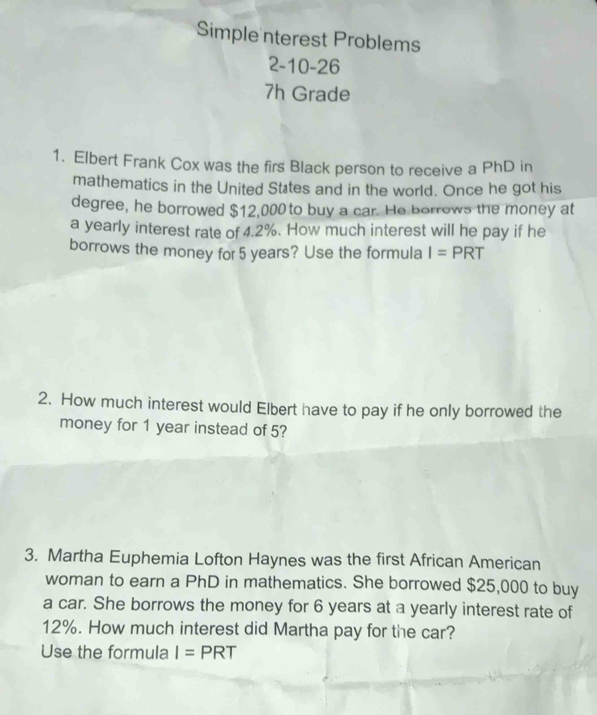 simple interest problems 2-10-26 7h grade 1. elbert frank cox was the f…