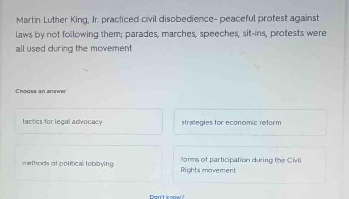 martin luther king, jr. practiced civil disobedience- peaceful protest …