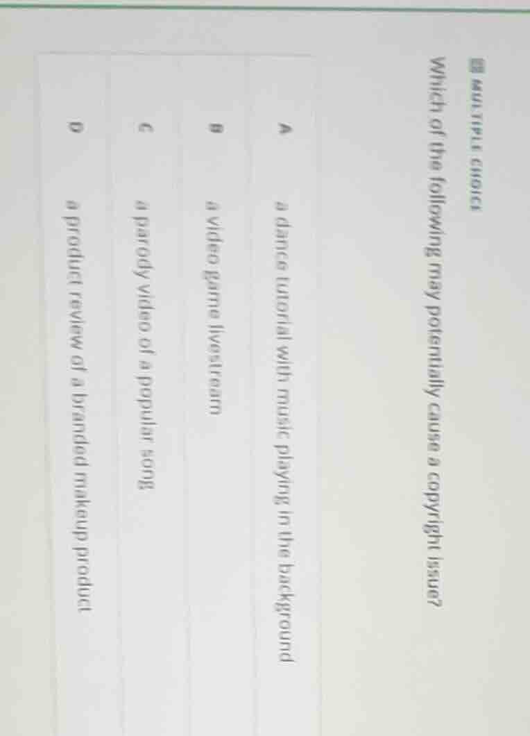 multiple choice which of the following may potentially cause a copyrigh…