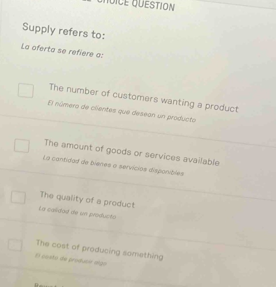 choice question supply refers to: la oferta se refiere a: the number of…