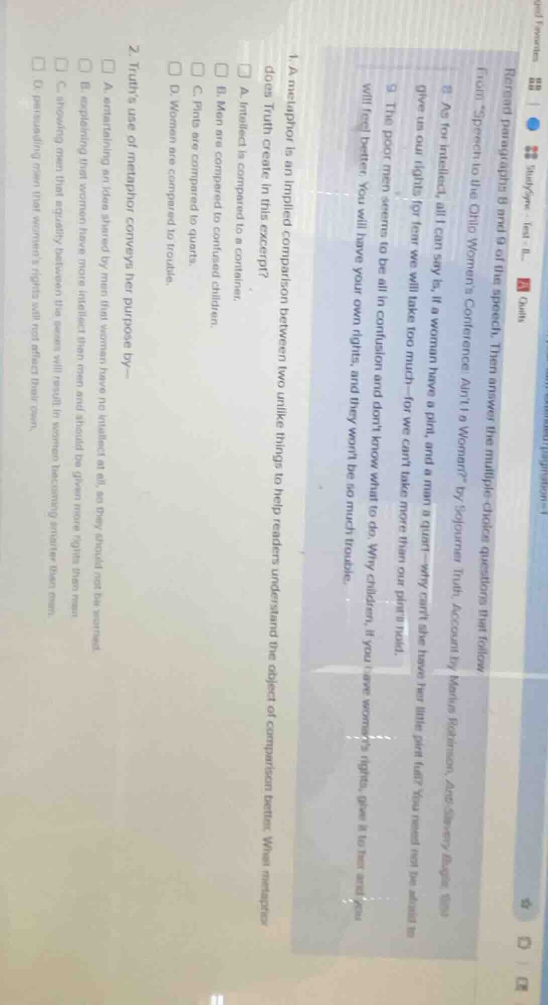 reread paragraphs 8 and 9 of the speech. then answer the multiple-choic…