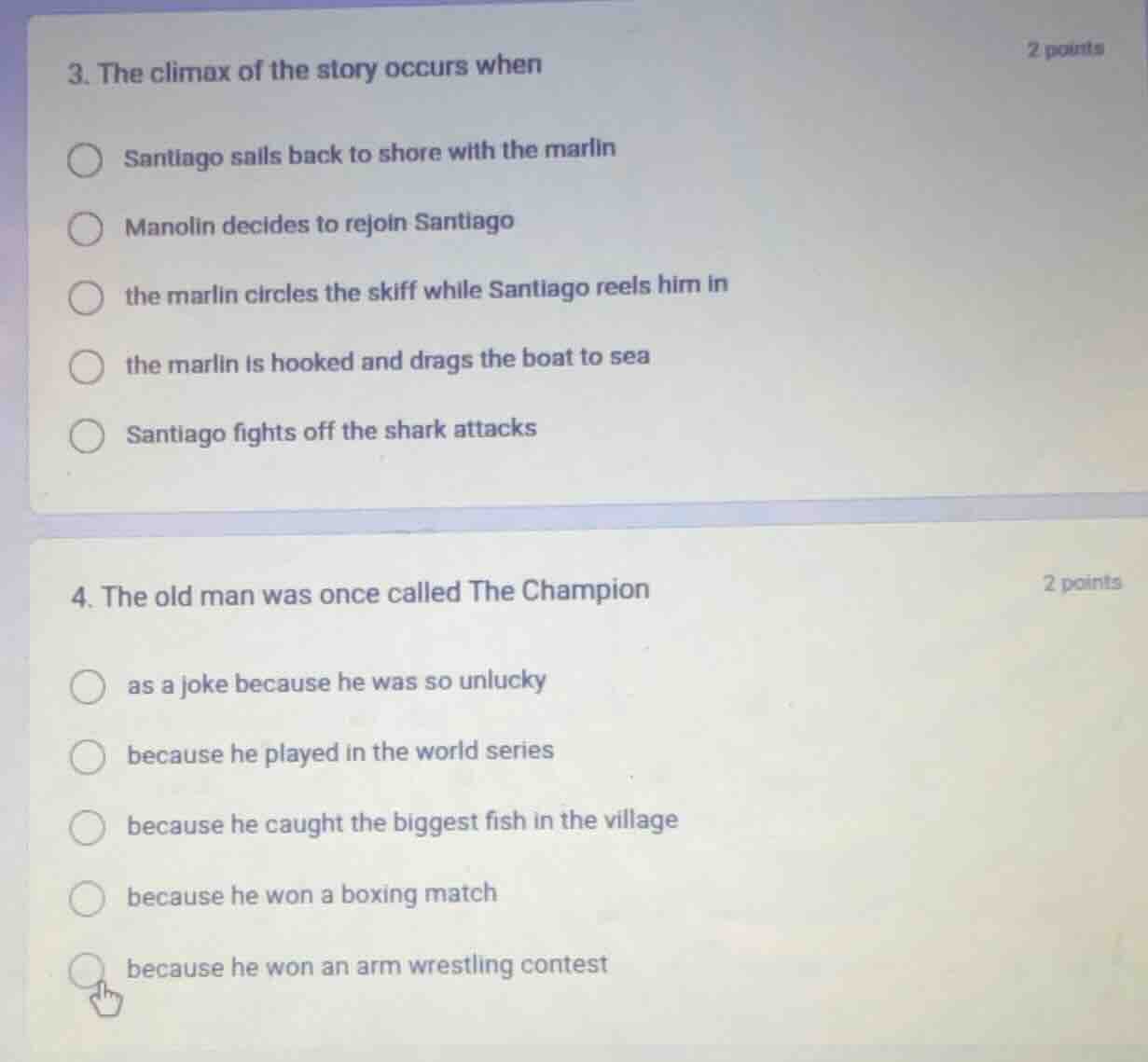 3. the climax of the story occurs when santiago sails back to shore wit…