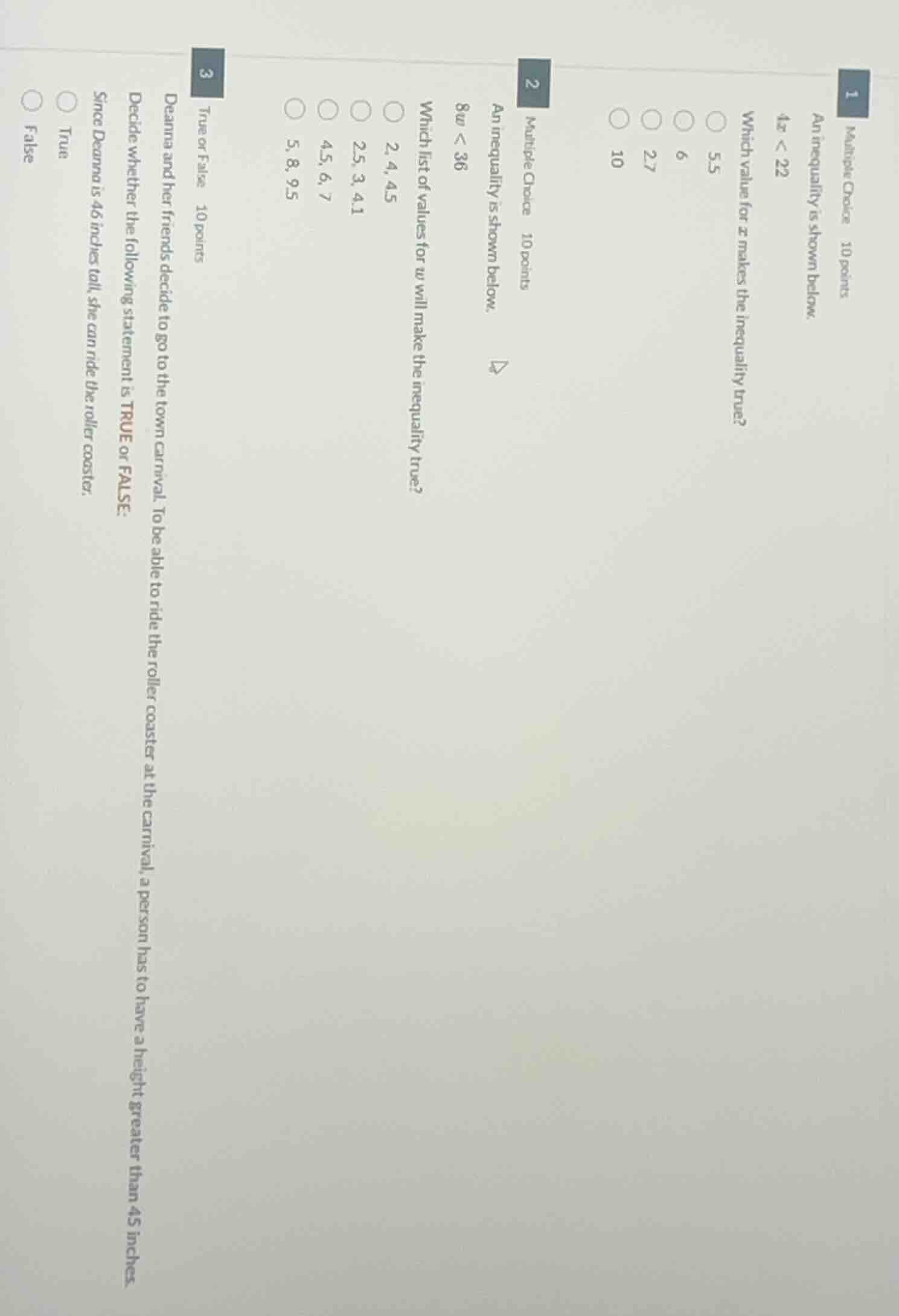 1 multiple choice 10 points an inequality is shown below. $4x < 22$ whi…