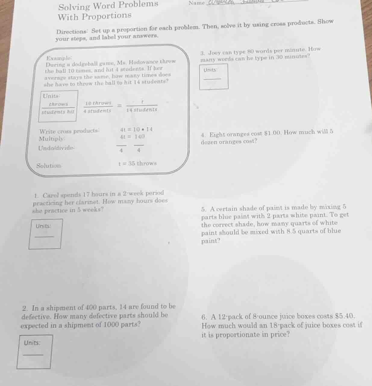 solving word problems with proportions name directions: set up a propor…