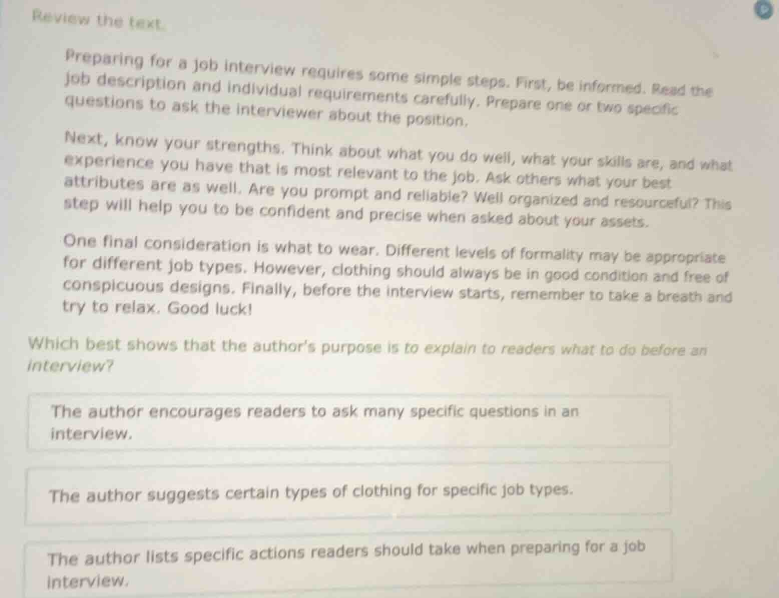 review the text.preparing for a job interview requires some simple step…