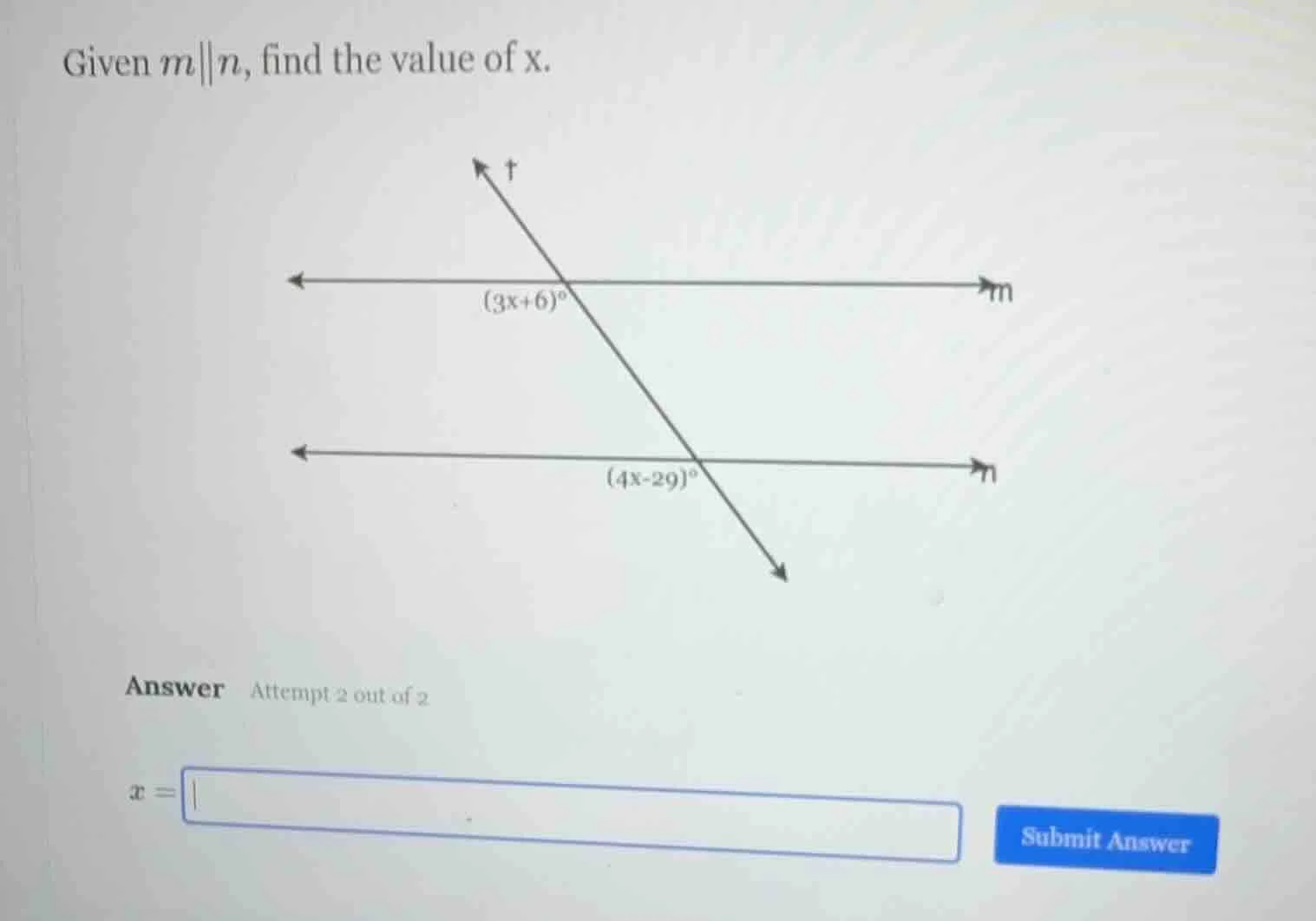 given $m\\parallel n$, find the value of x. answer attempt 2 out of 2 $…