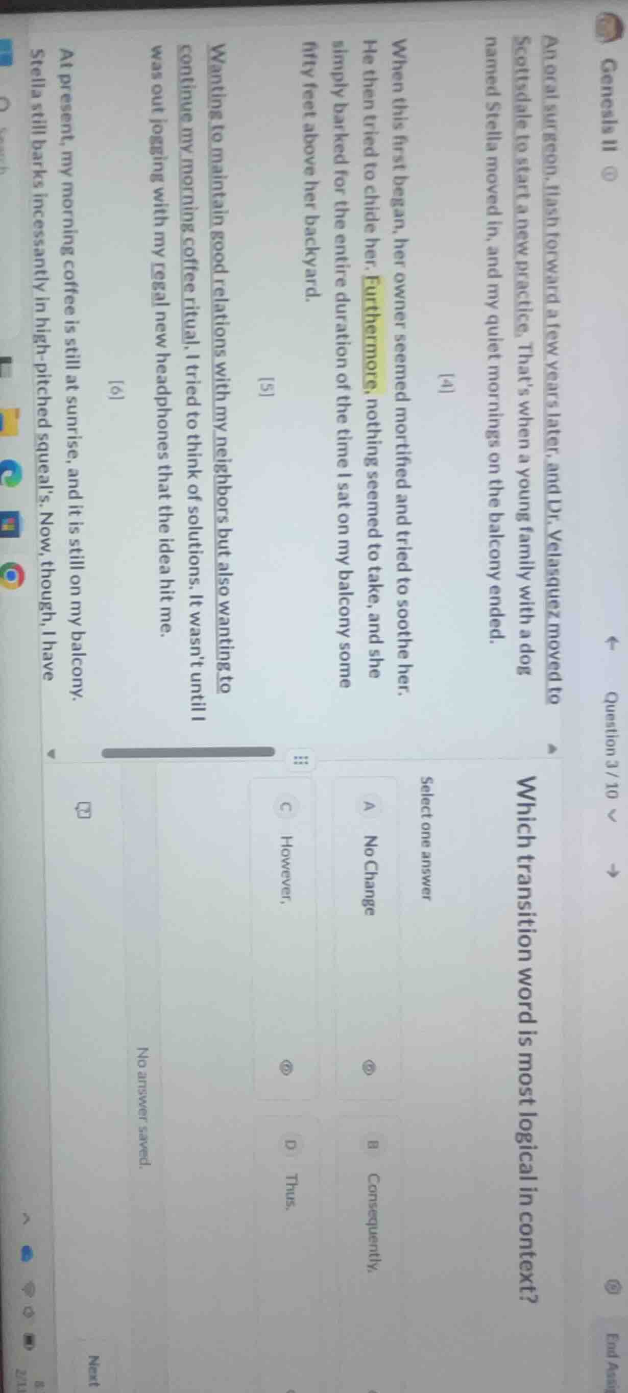 question 3/10 which transition word is most logical in context? select …