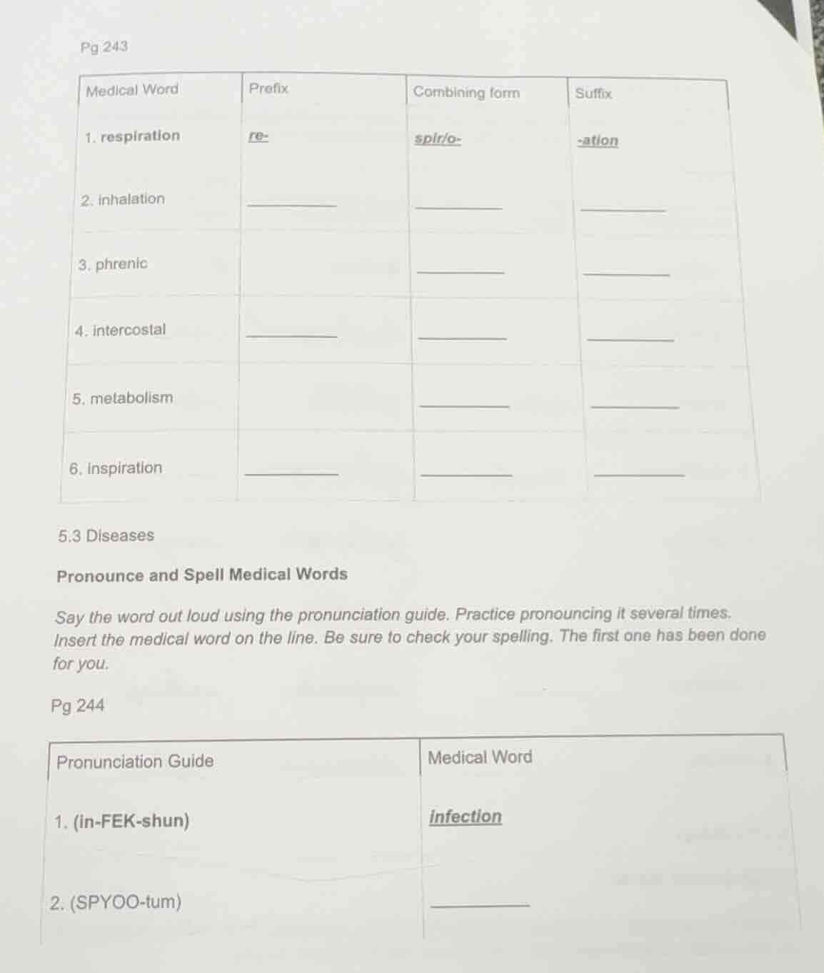 pg 243 medical word | prefix | combining form | suffix 1. respiration |…