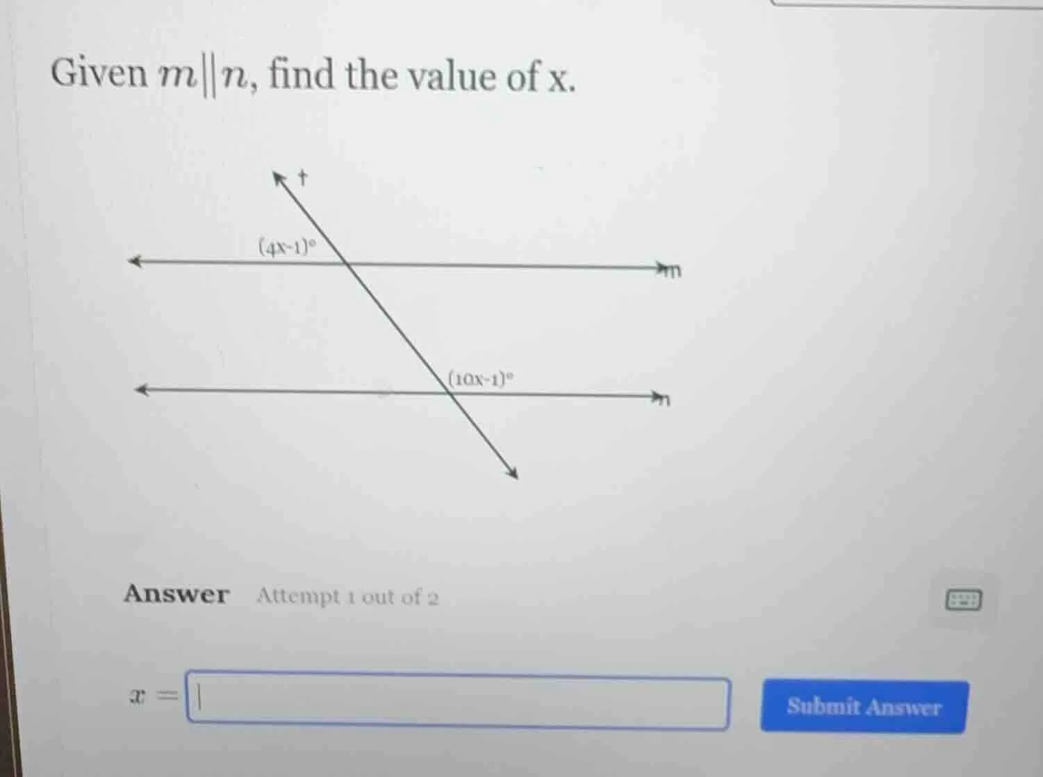 given $m\\parallel n$, find the value of x. answer attempt 1 out of 2 $…