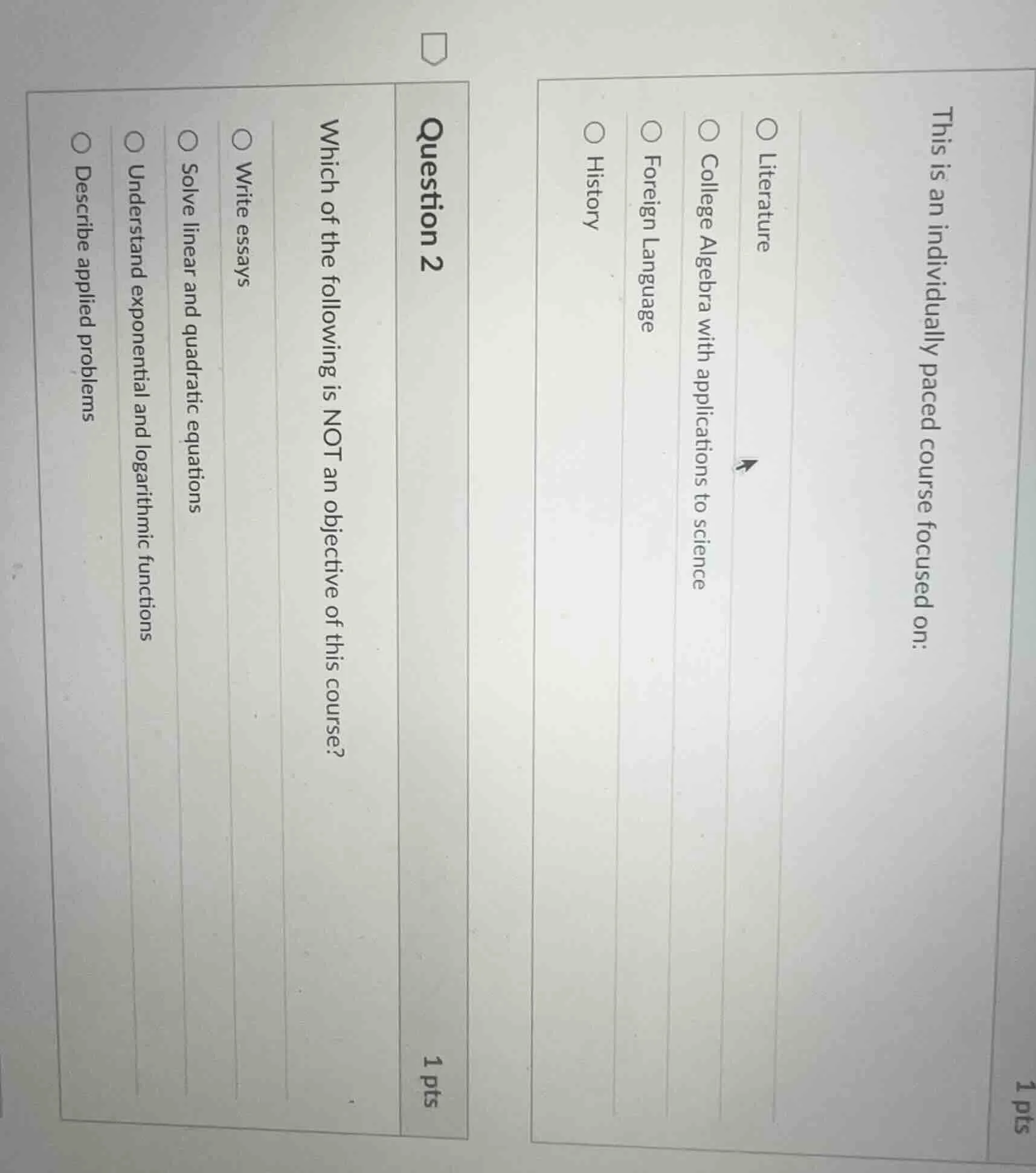 1 pts this is an individually paced course focused on: ○ literature ○ c…