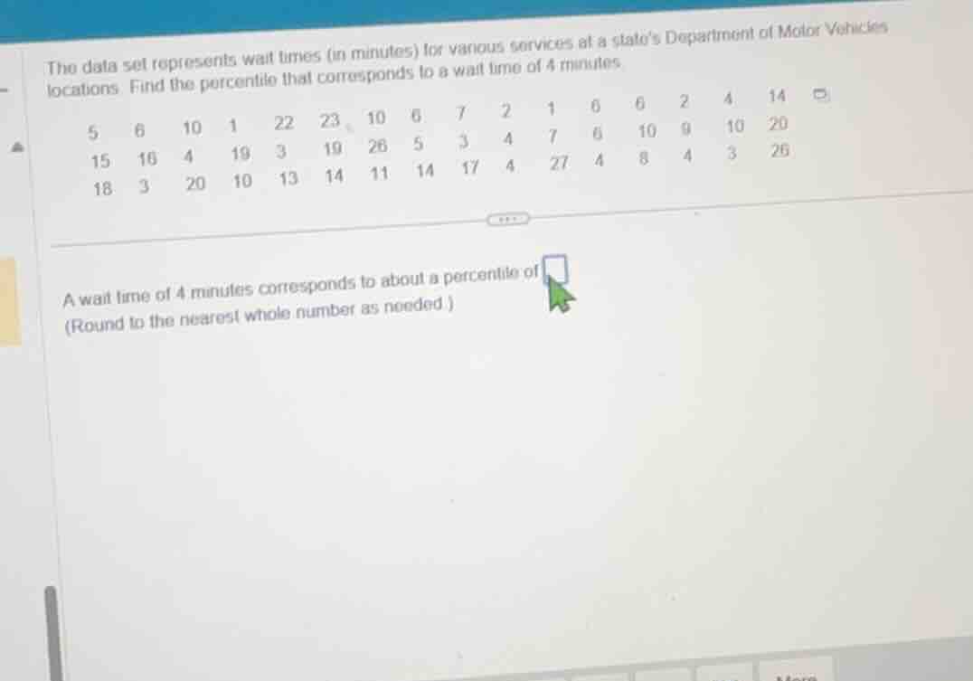 the data set represents wait times (in minutes) for various services at…