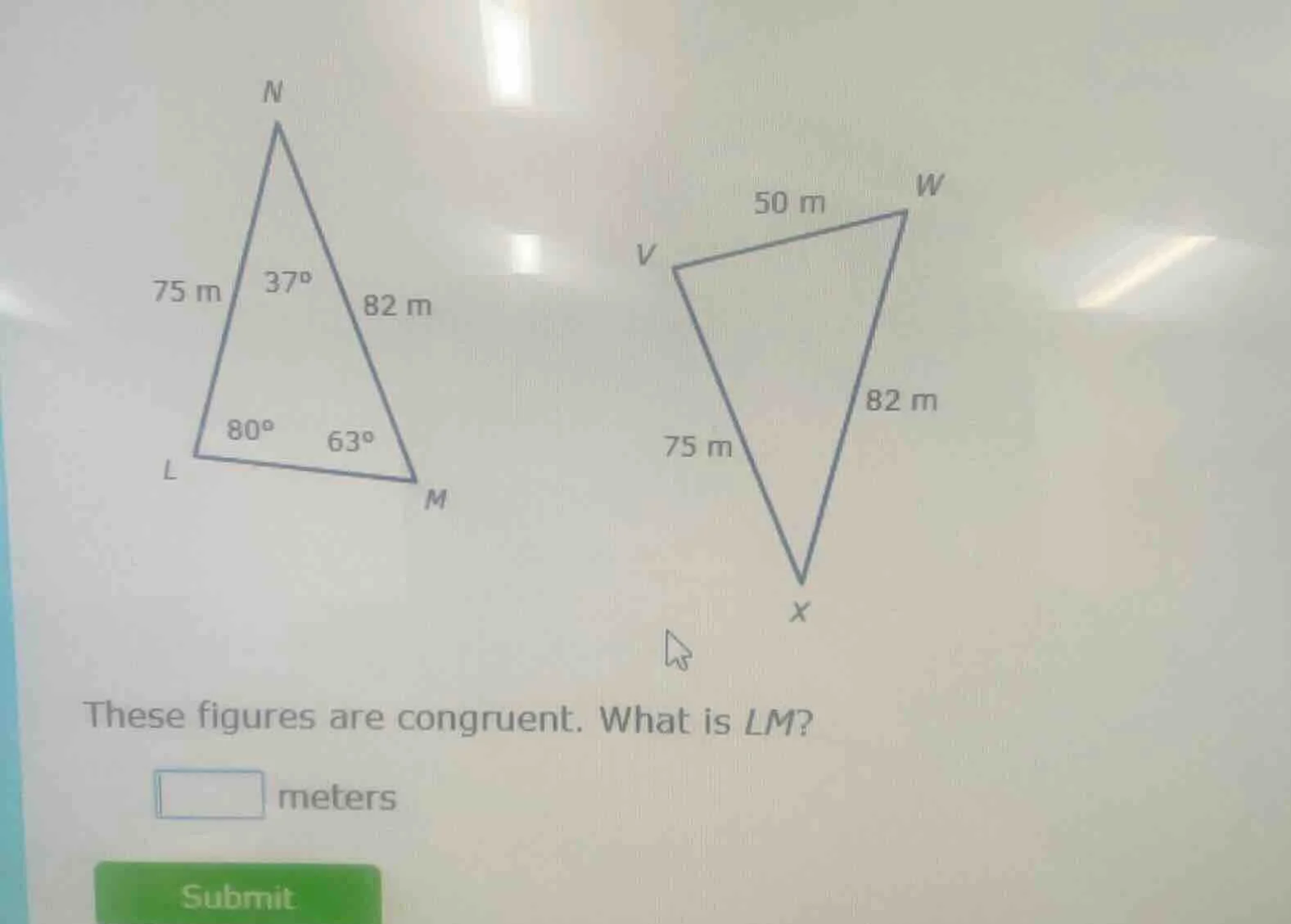 these figures are congruent. what is lm? ____ meters