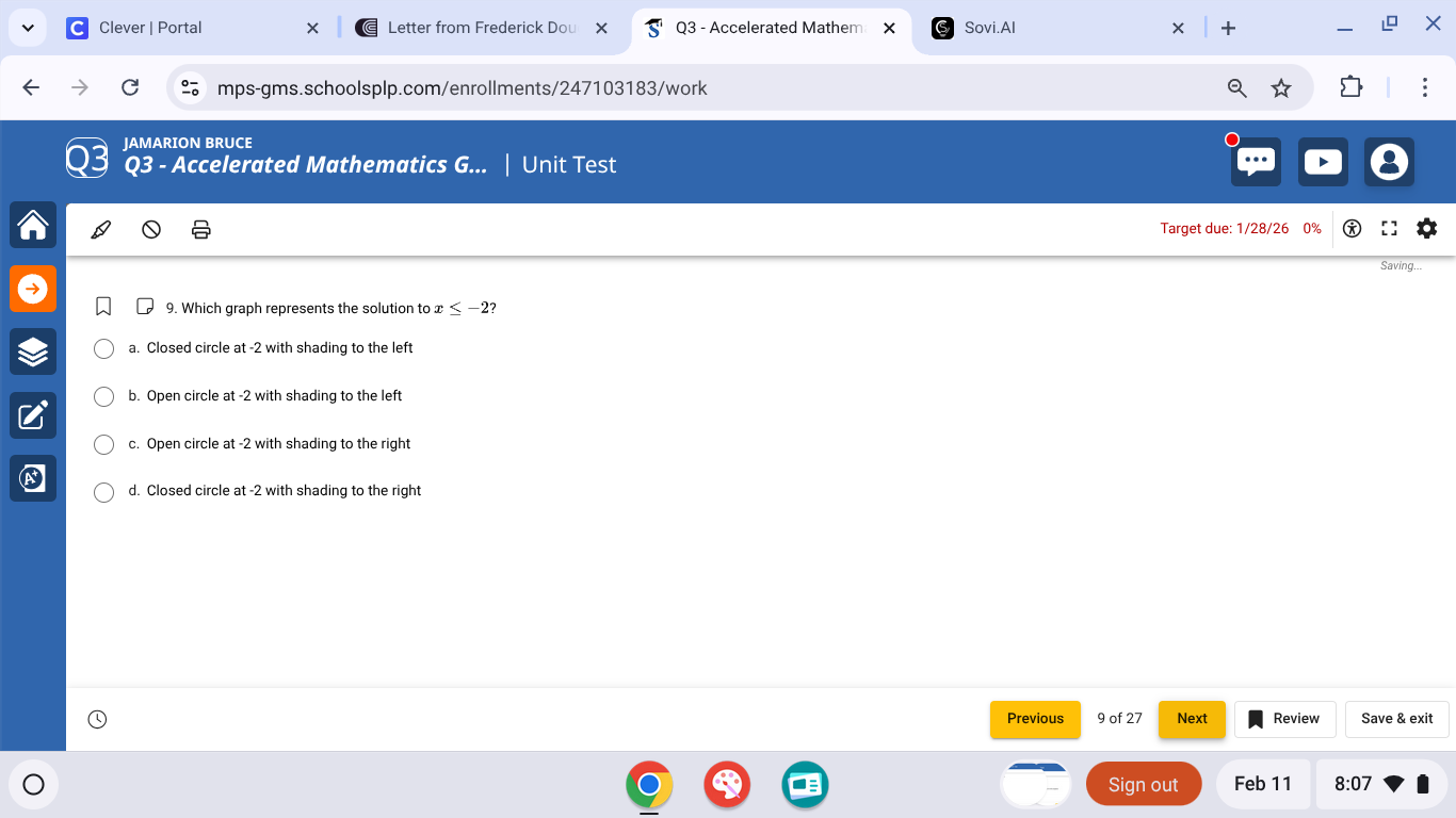 9. which graph represents the solution to $x \\leq -2$? a. closed circl…