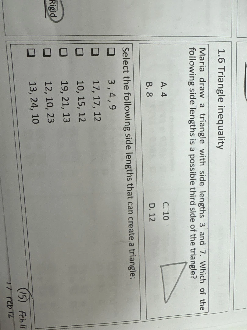 1.6 triangle inequality maria draw a triangle with side lengths 3 and 7…