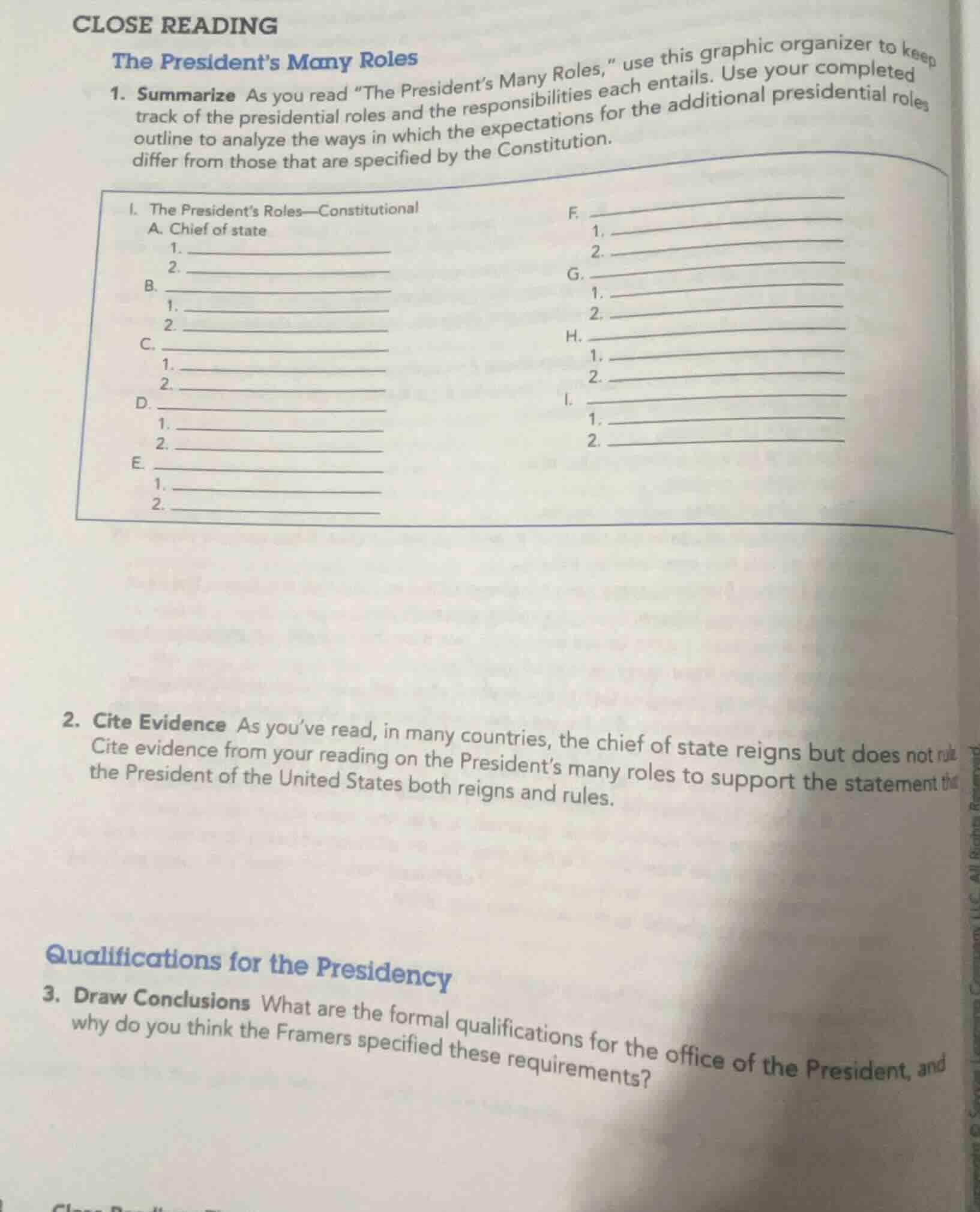 close reading the presidents many roles 1. summarize as you read \the p…