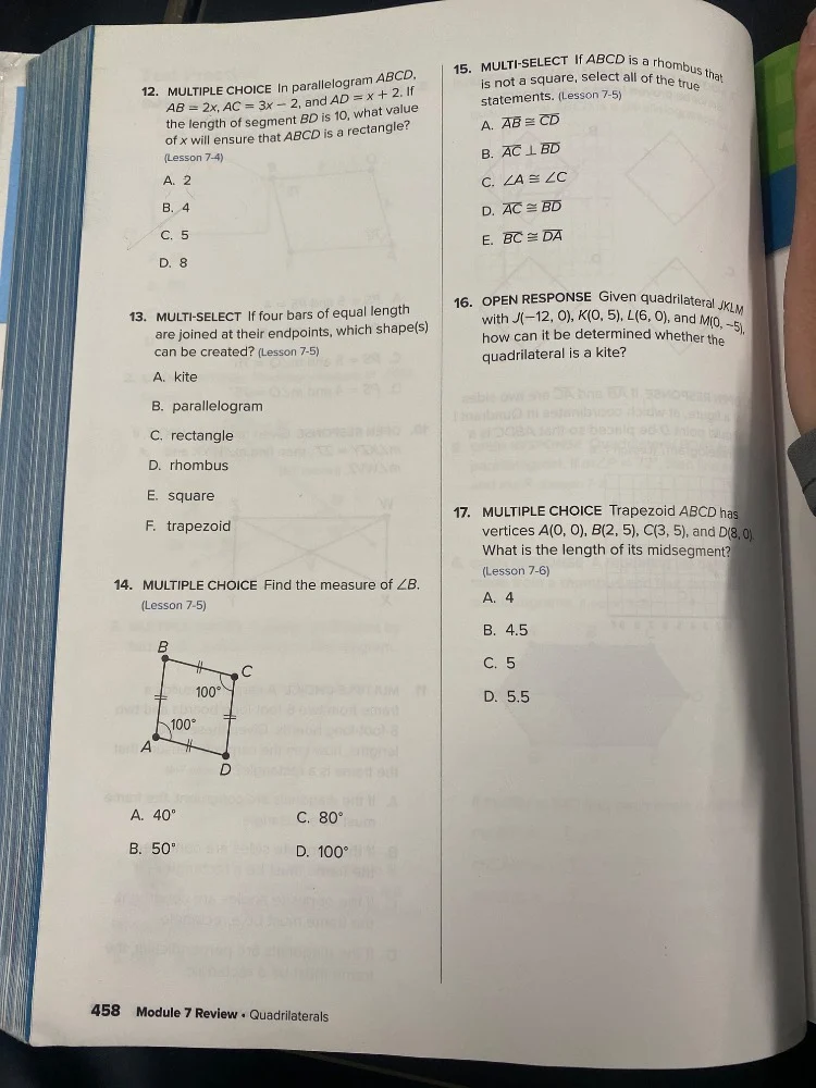 12. multiple choice in parallelogram abcd, $ab = 2x$, $ac = 3x - 2$, an…
