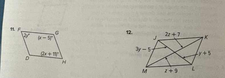 11. in parallelogram fdg h, the angles are $angle f=2y^circ$, $angle g=…