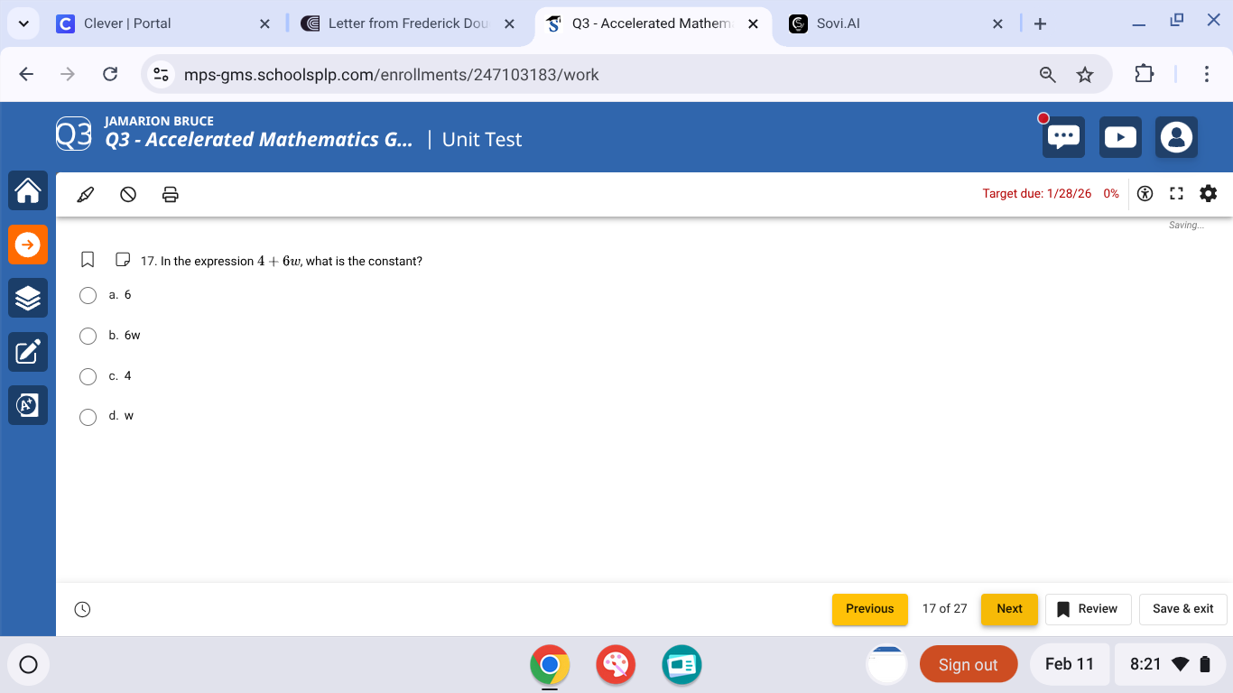 17. in the expression $4 + 6w$, what is the constant? a. 6 b. 6w c. 4 d…