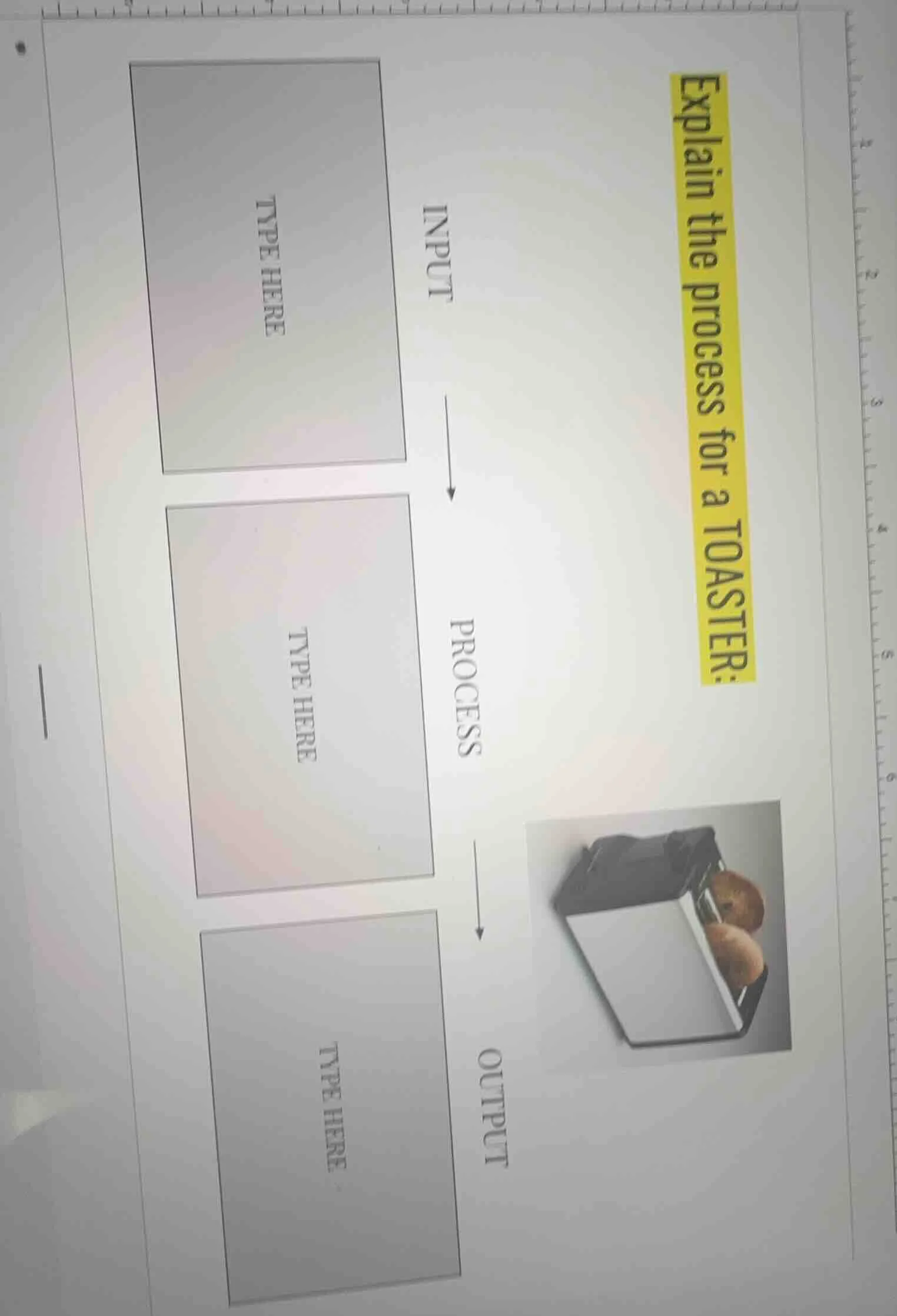 explain the process for a toaster: input type here process type here ou…
