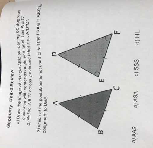 geometry unit-3 review a) draw the image of triangle abc by rotating 90…