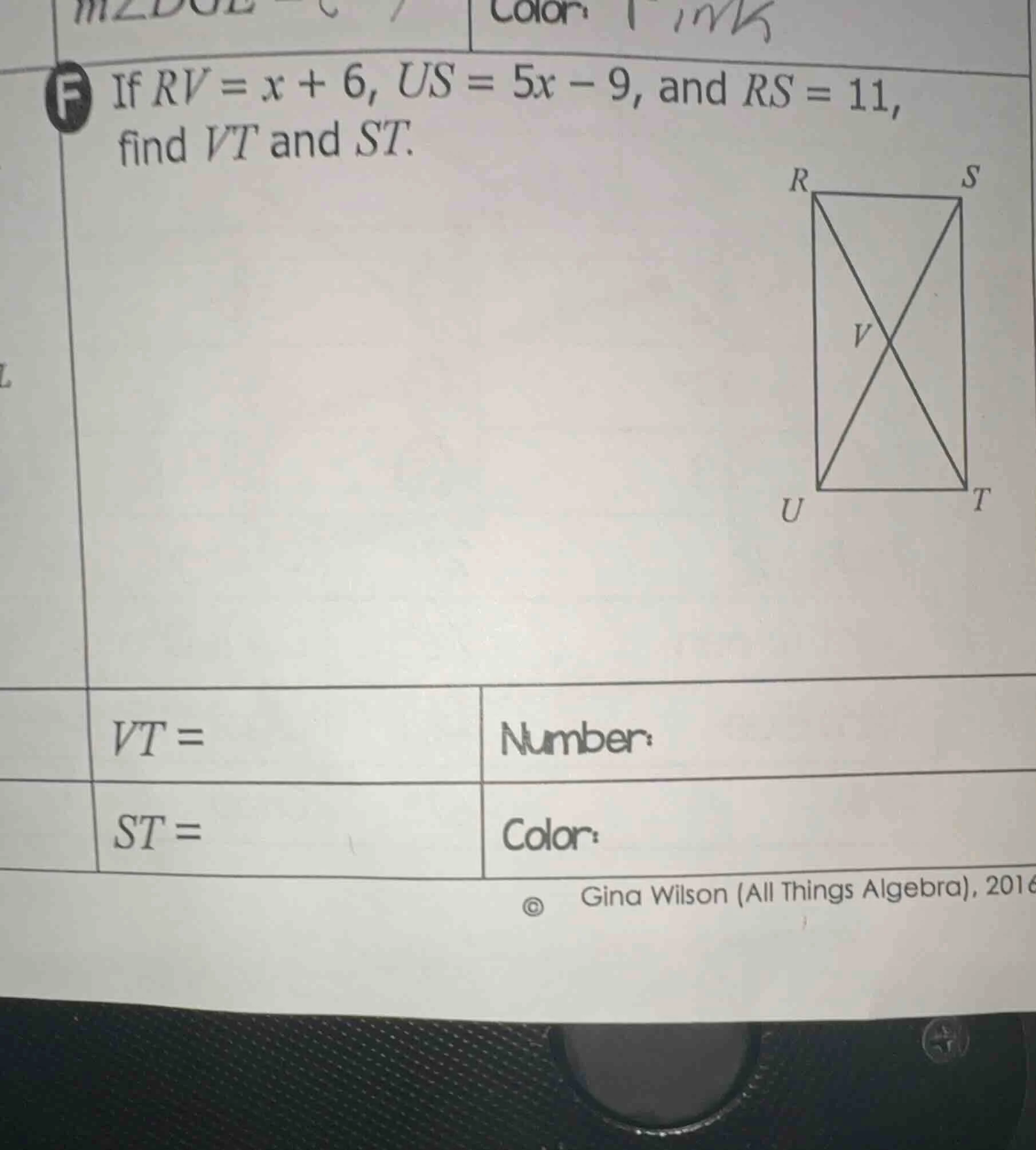 if $rv = x + 6$, $us = 5x - 9$, and $rs = 11$, find $vt$ and $st$. $vt …