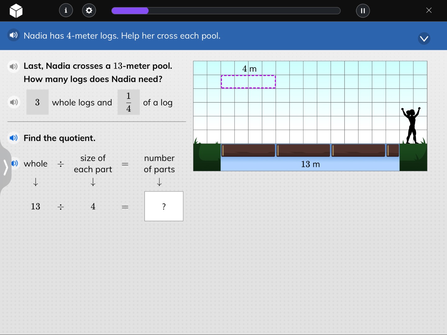 nadia has 4-meter logs. help her cross each pool. last, nadia crosses a…