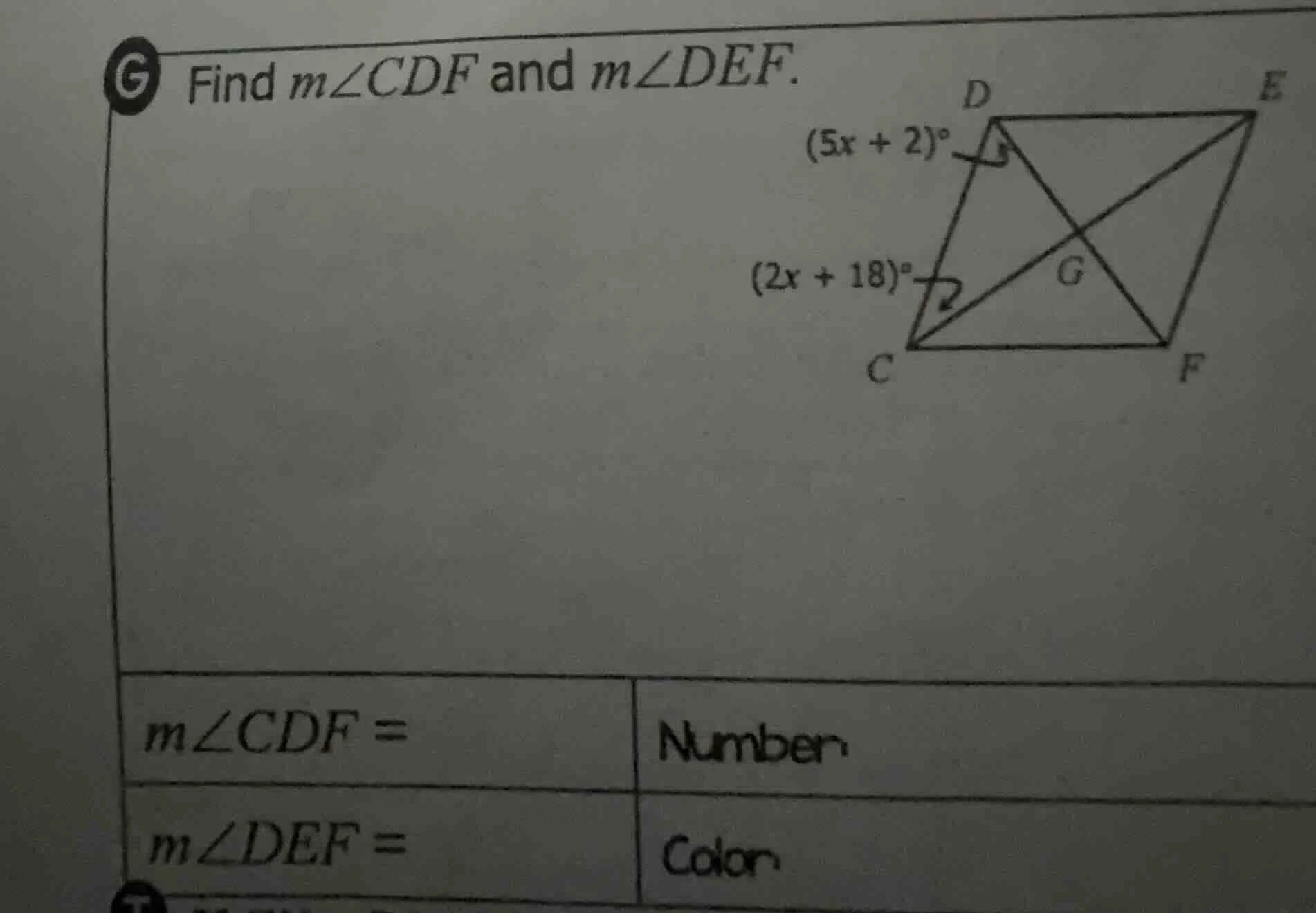 find $m\\angle cdf$ and $m\\angle def$. $(5x + 2)^\\circ$ $(2x + 18)^\\…