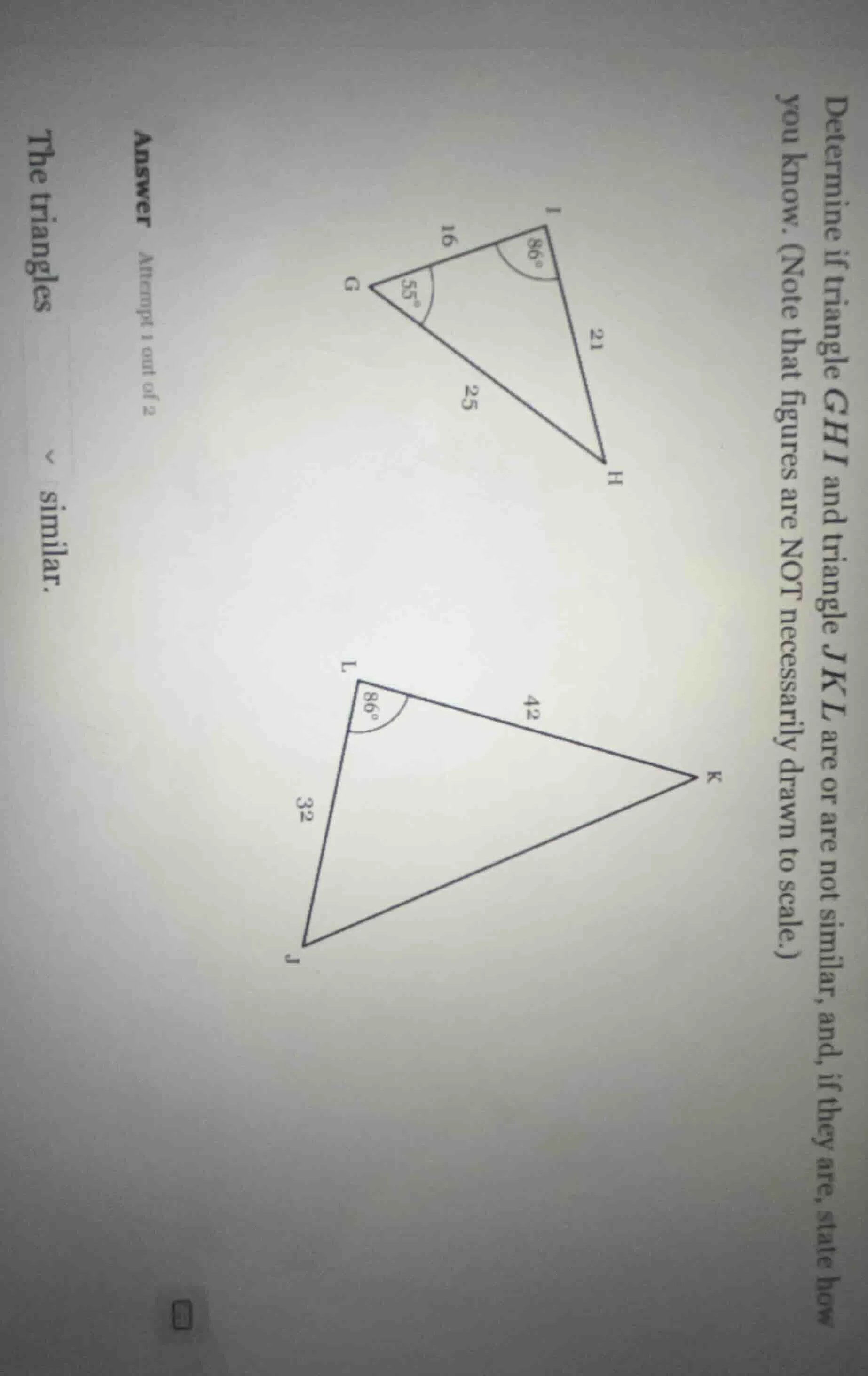determine if triangle $ghi$ and triangle $jkl$ are or are not similar, …
