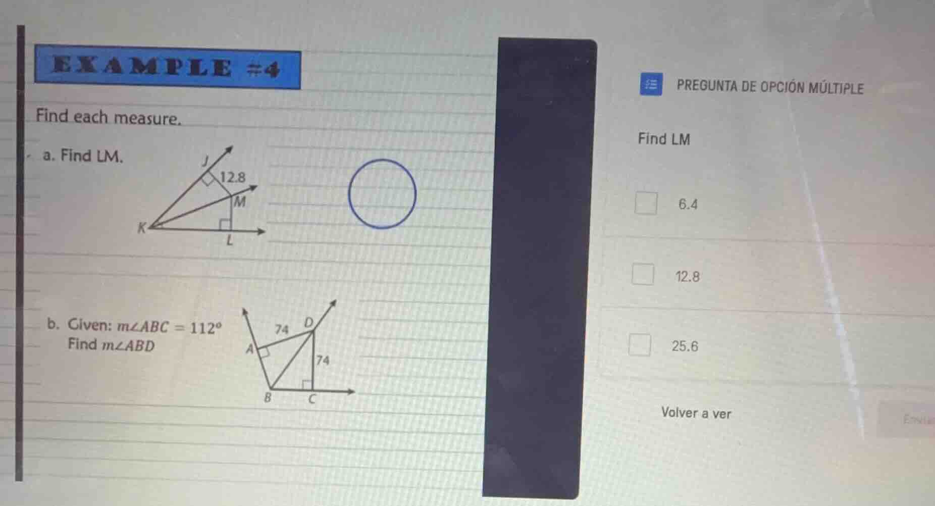 example #4 find each measure. a. find lm. b. given: $m\\angle abc = 112…