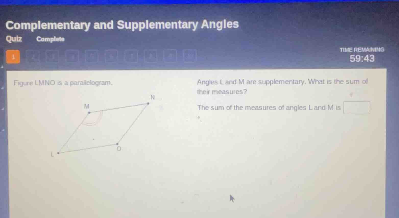 complementary and supplementary angles quiz complete time remaining 59:…