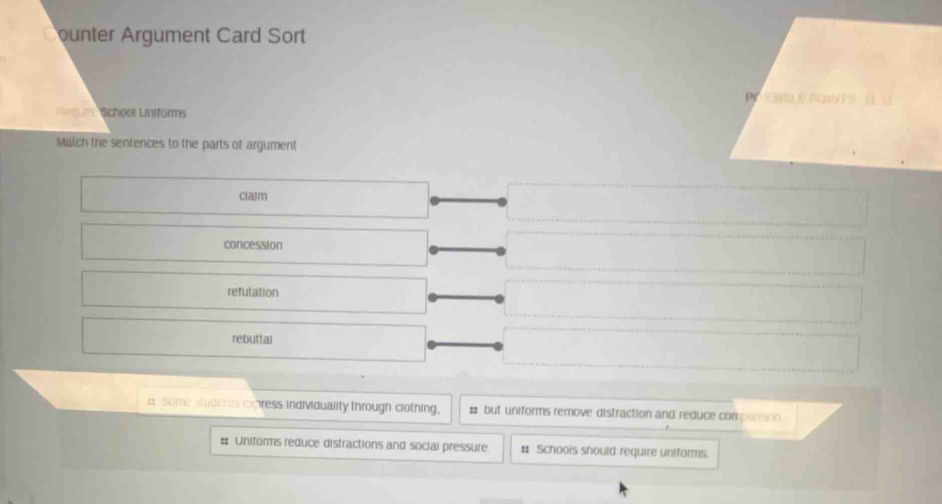 counter argument card sort require school uniforms match the sentences …