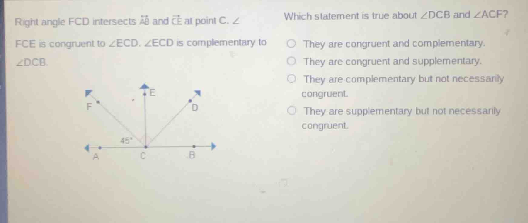 right angle fcd intersects $overleftrightarrow{ab}$ and $overrightarrow…