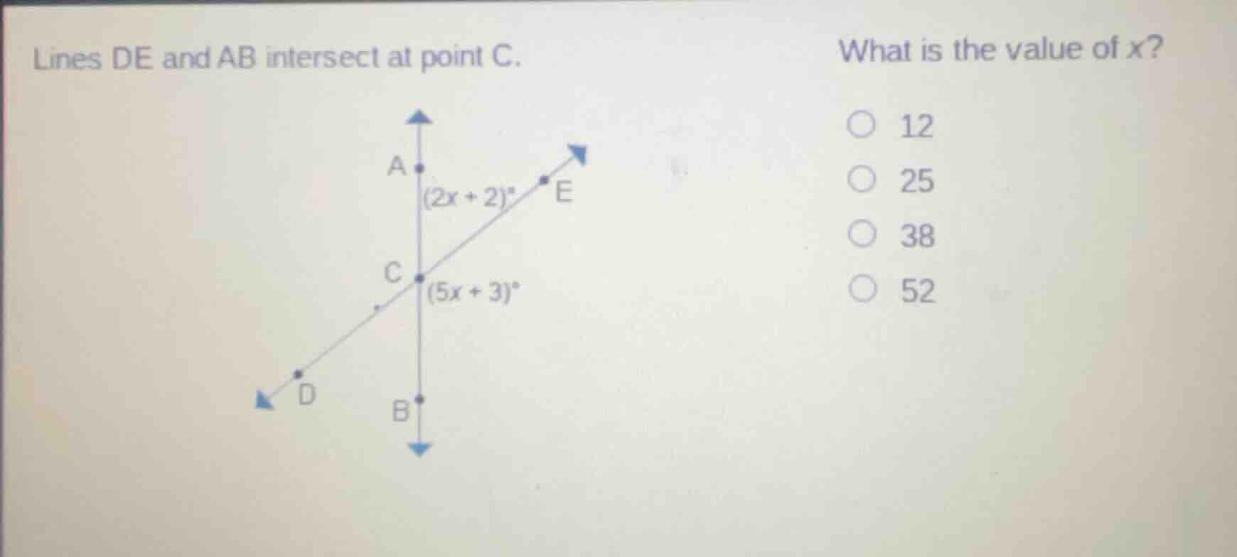 lines de and ab intersect at point c. what is the value of x? ○ 12 ○ 25…