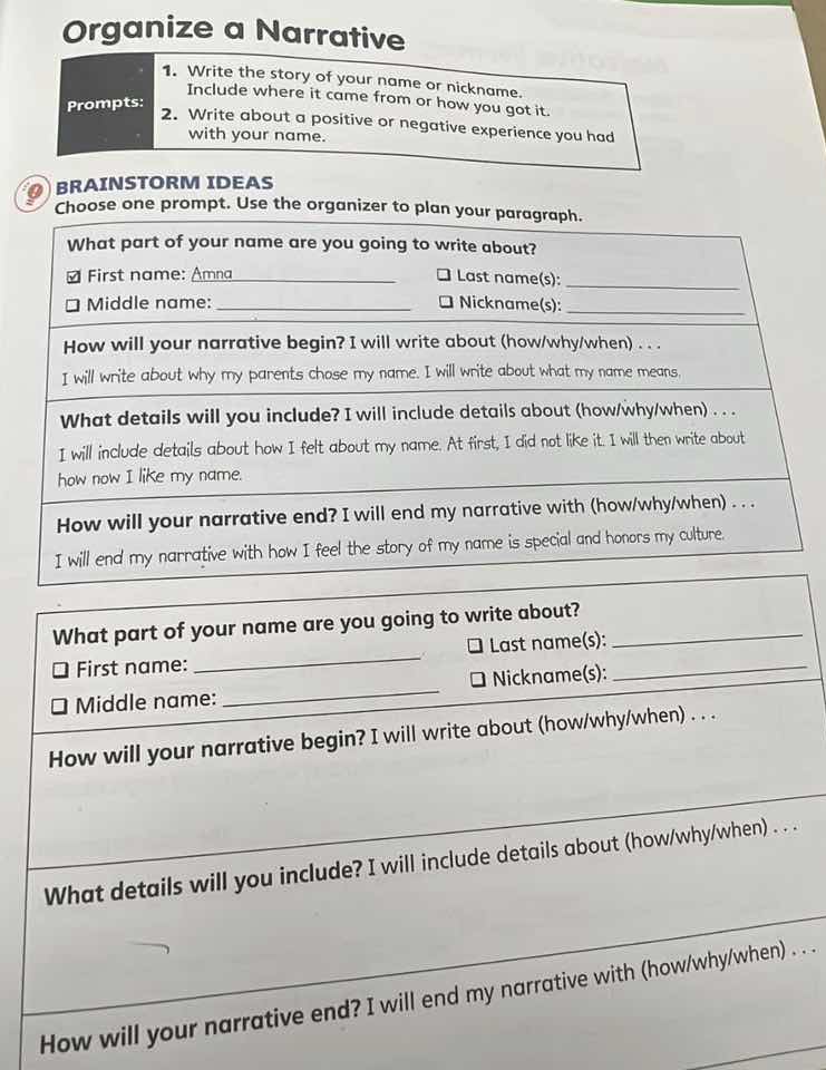 organize a narrative prompts: 1. write the story of your name or nickna…