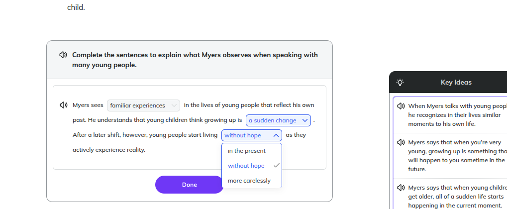 child. complete the sentences to explain what myers observes when speak…