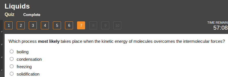 liquids quiz complete 1 2 3 4 5 6 7 8 9 10 time remain 57:08 which proc…