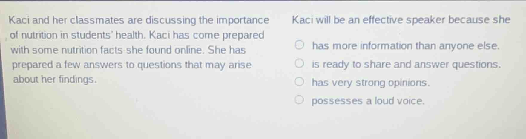 kaci and her classmates are discussing the importance of nutrition in s…