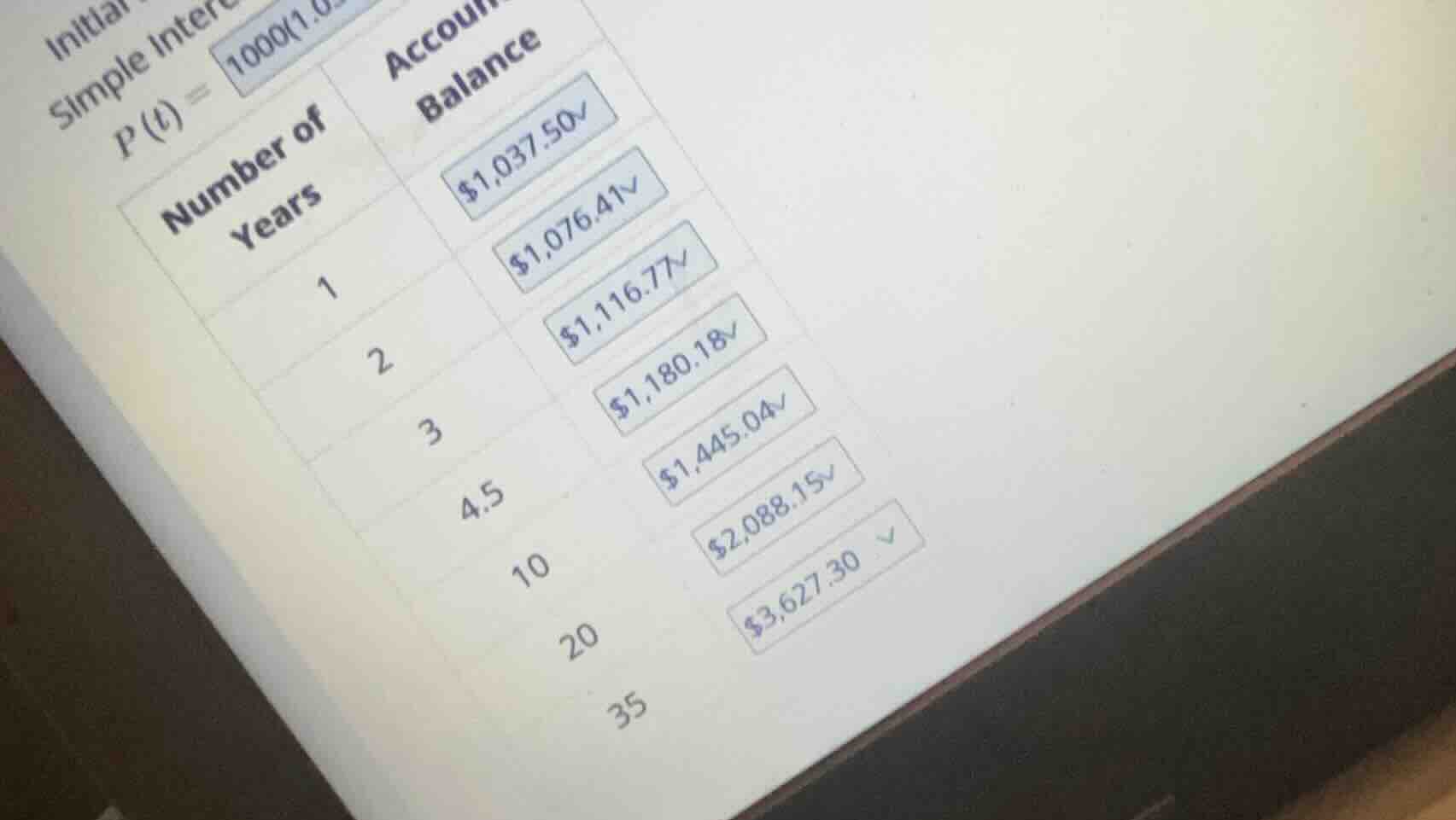 initial simple inter $p(t)=1000(1.0$ number of years account balance 1 …