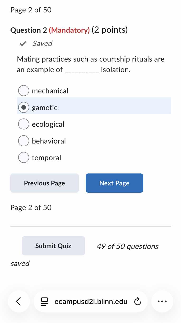 page 2 of 50 question 2 (mandatory) (2 points) ✓ saved mating practices…