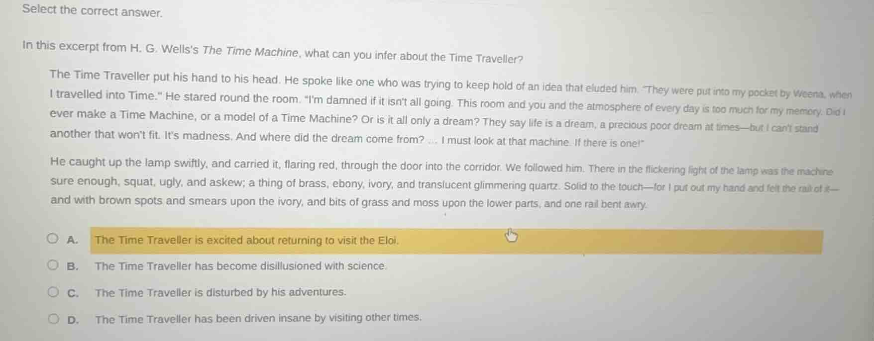 select the correct answer. in this excerpt from h. g. wellss the time m…