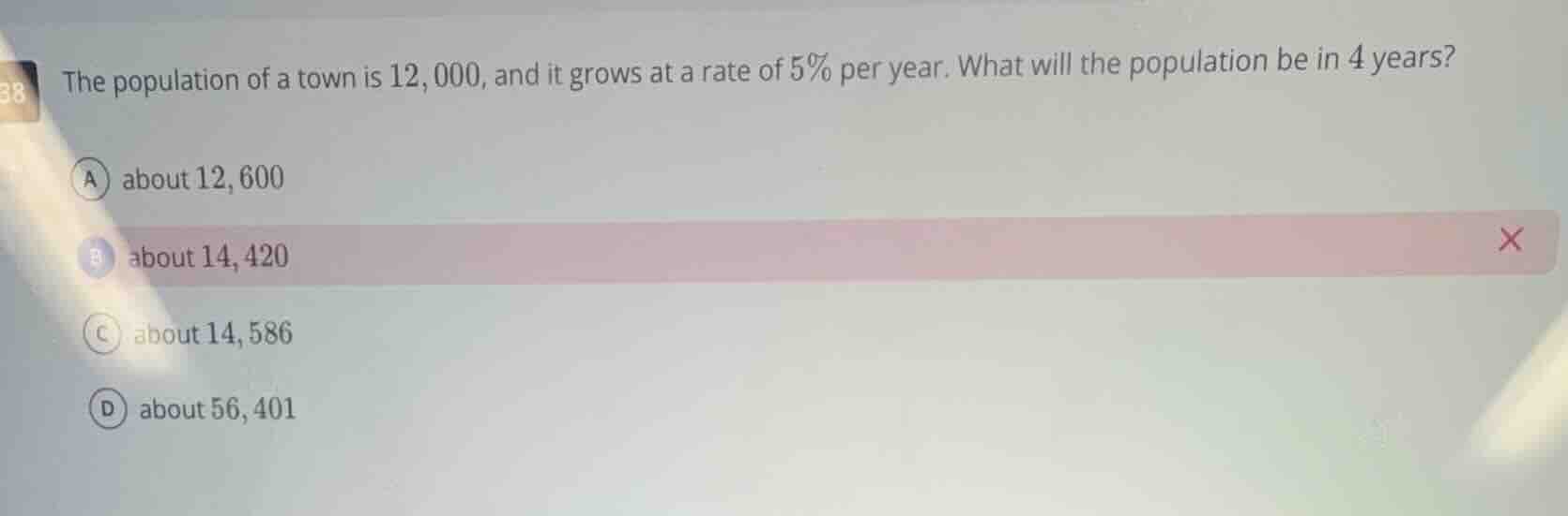 38 the population of a town is 12, 000, and it grows at a rate of 5% pe…