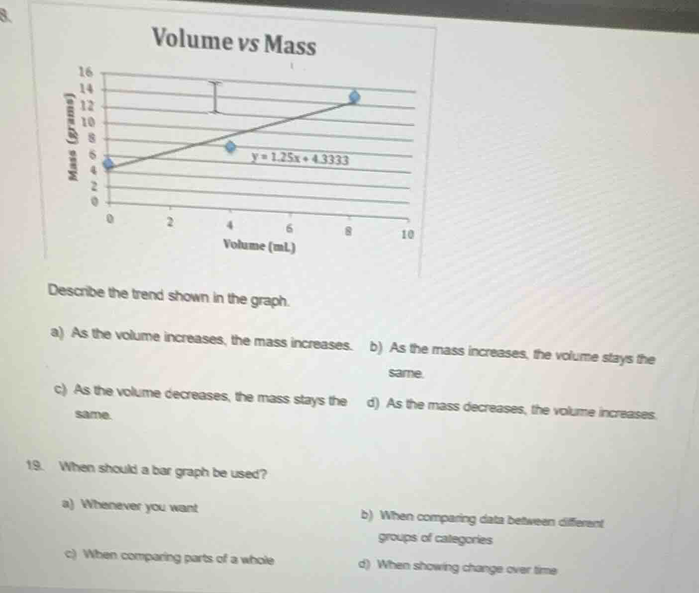 volume vs mass $y = 1.25x + 4.3333$ describe the trend shown in the gra…