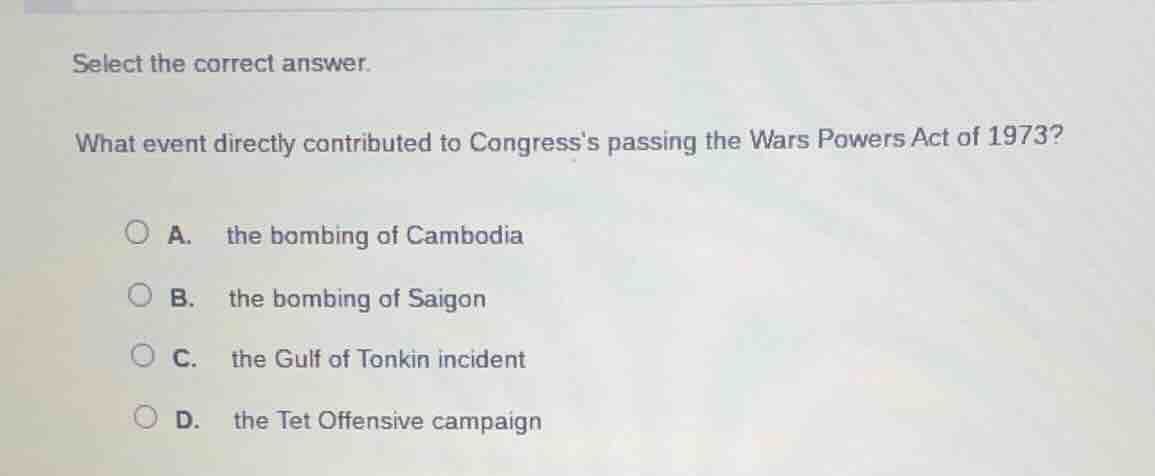 select the correct answer. what event directly contributed to congresss…