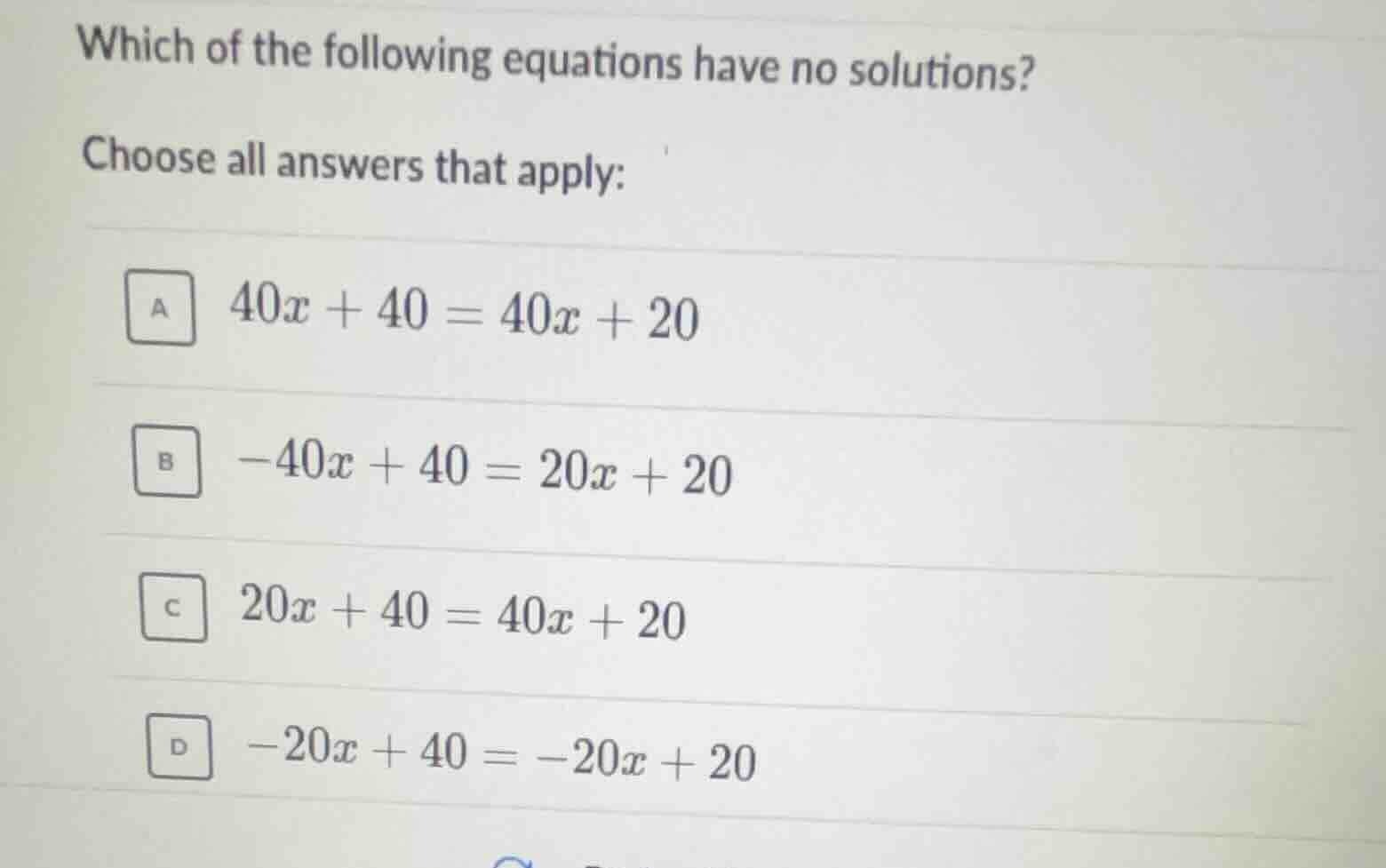 which of the following equations have no solutions? choose all answers …