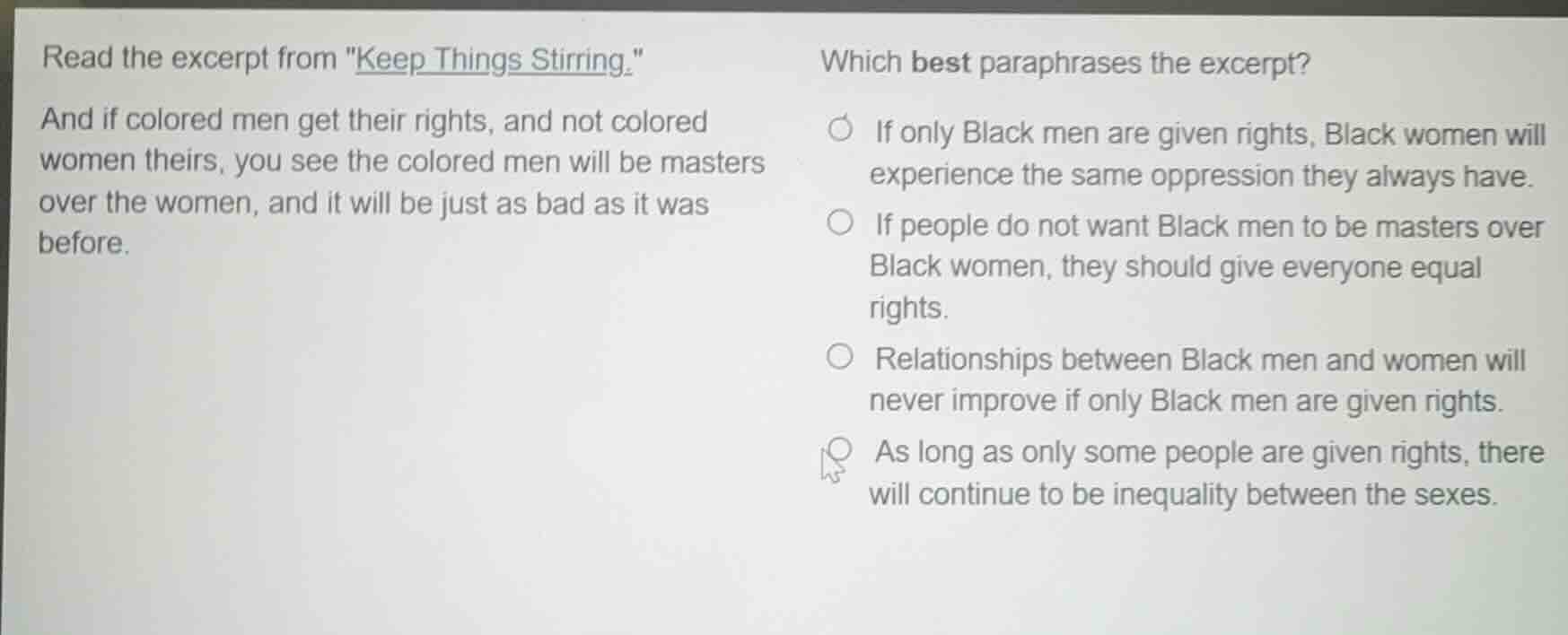 read the excerpt from \keep things stirring.\ and if colored men get th…