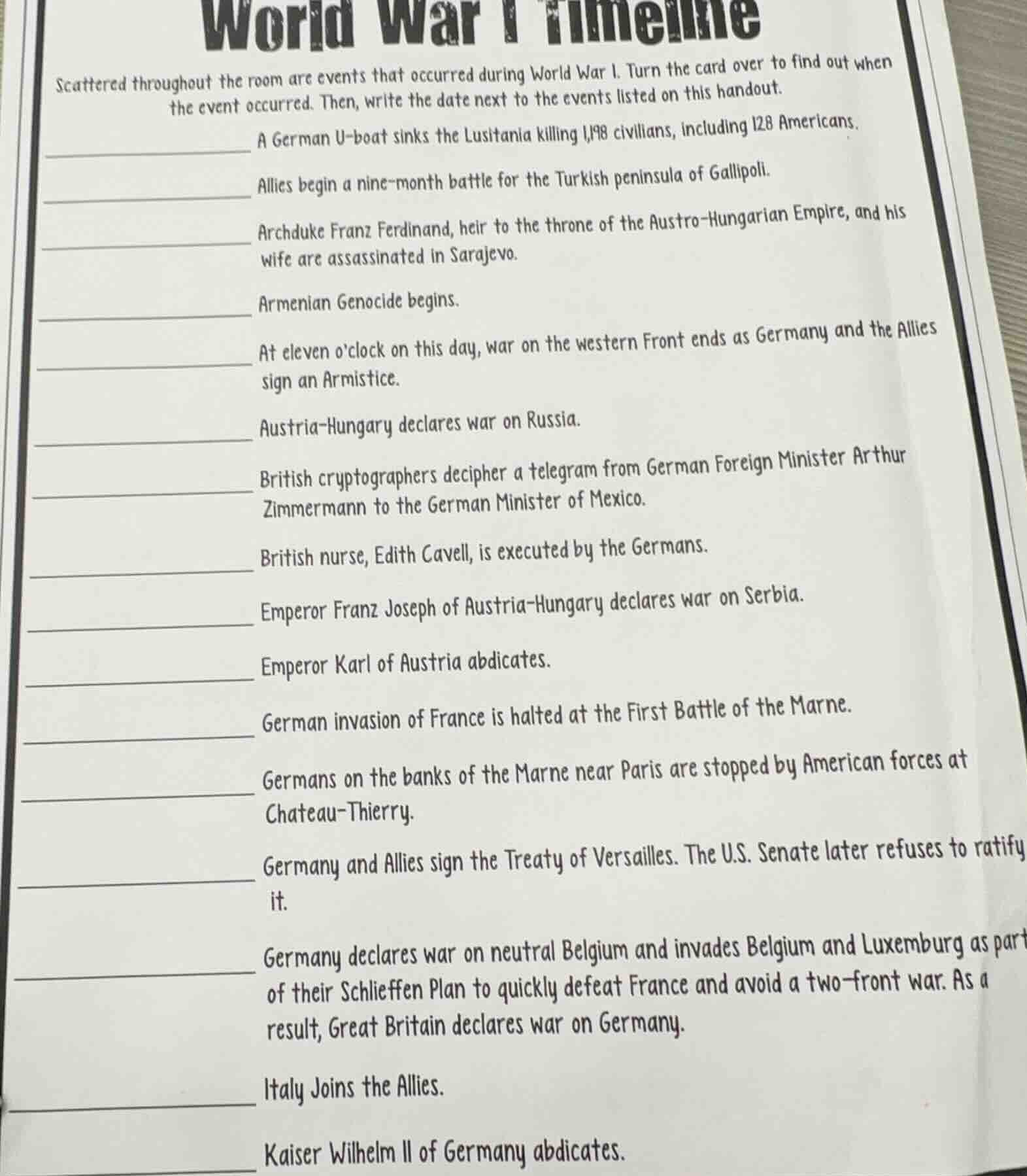 world war i timeline scattered throughout the room are events that occu…