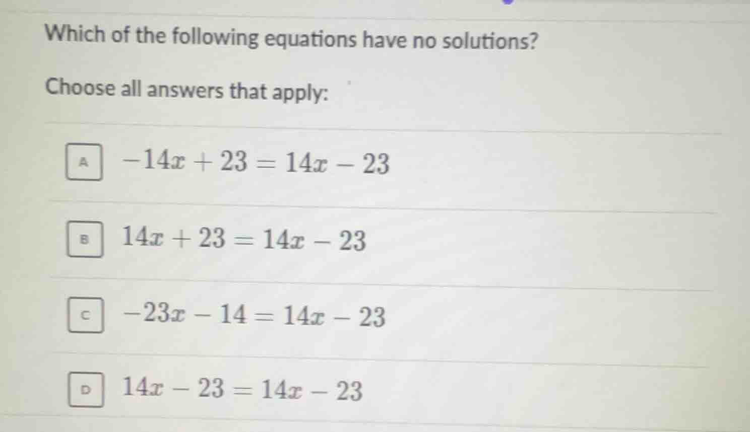 which of the following equations have no solutions? choose all answers …